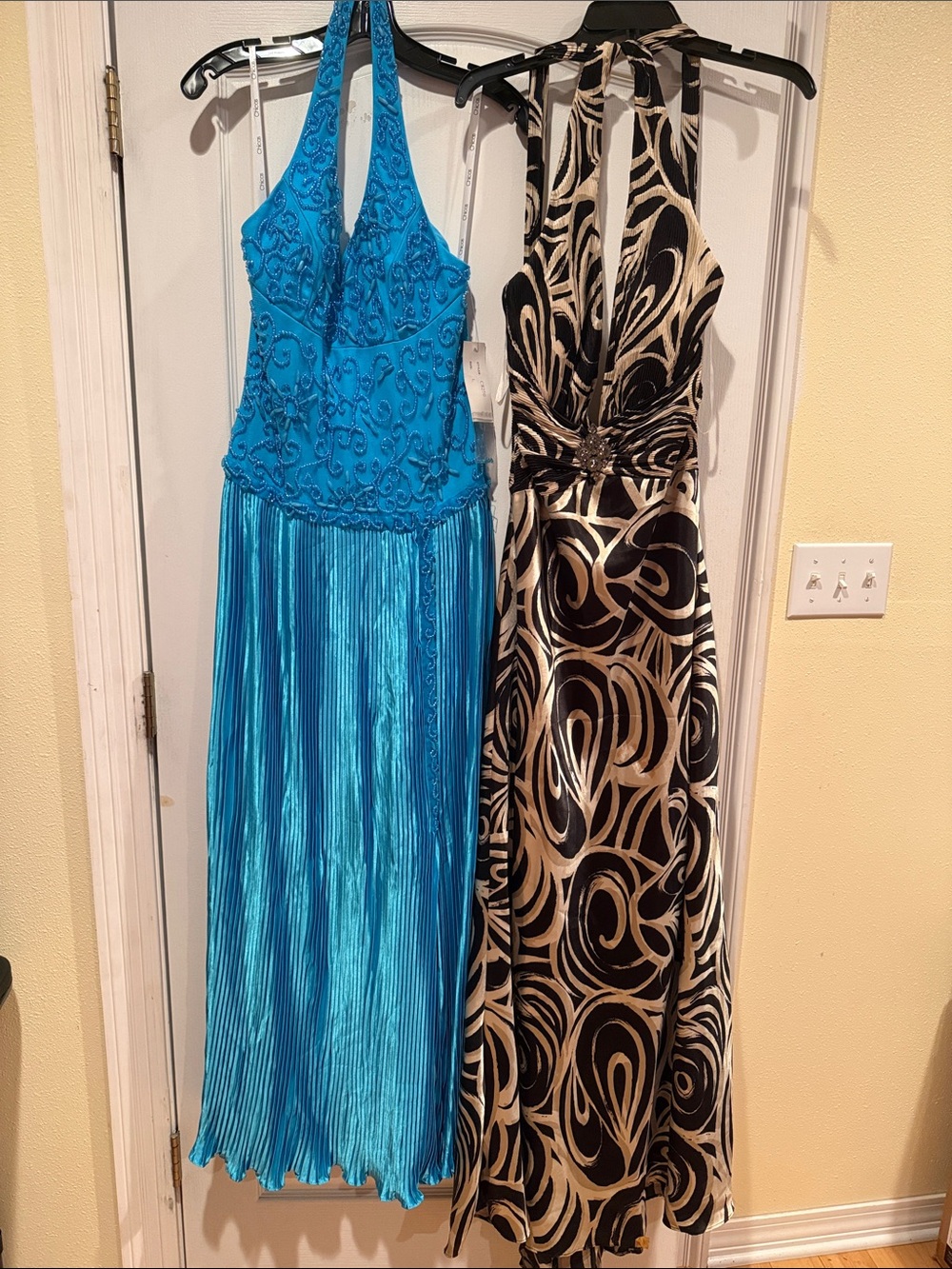 Blue Halter Evening Dress with Embroidered Bodice one Blk/Cream